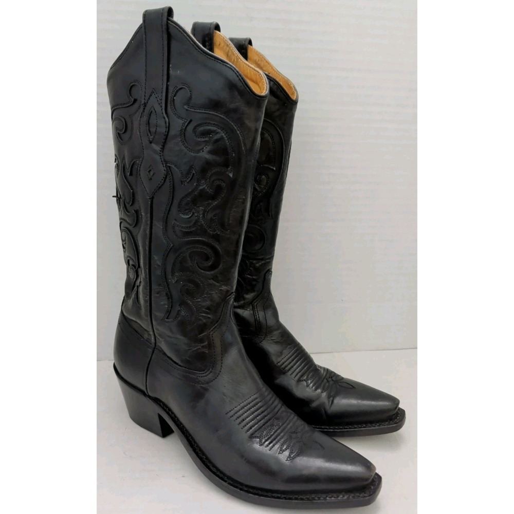 Old West Western Boots Womens 5B Black Leather Snip Toe Cowboy Rodeo Cowgirl